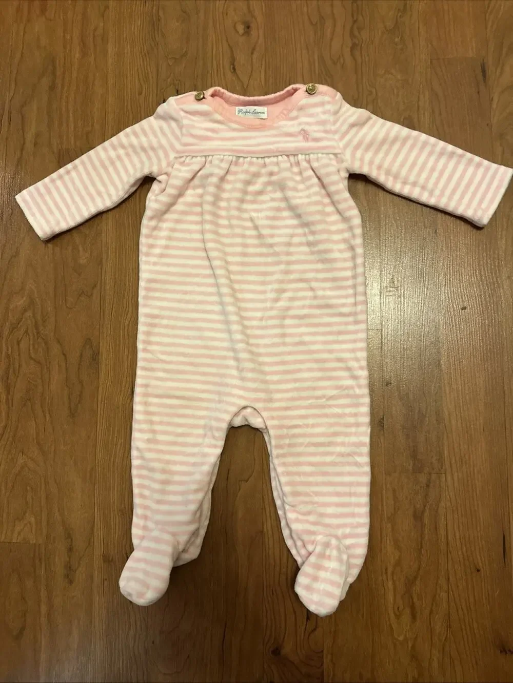 Baby Girls Ralph Lauren Pony Logo Pink White Stripe Romper Outfit Size 6 Months